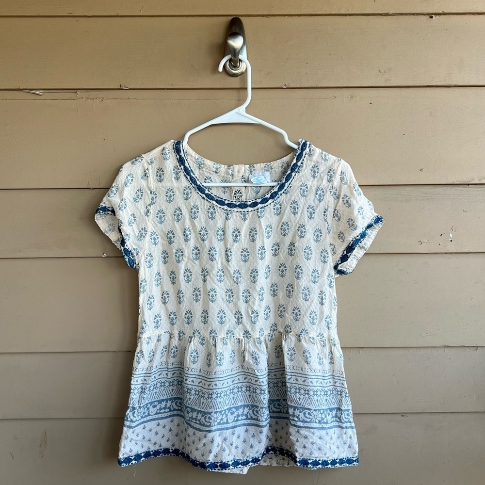 Sigrid Olsen Cream Block Print Swing Peplum Top Size XS Lightweight Boho Hippie